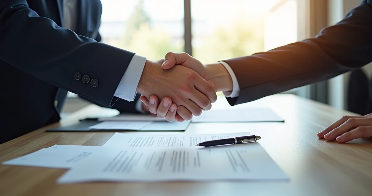 Duas pessoas apertando as mãos em mesa de reunião, contrato assinado visível. 