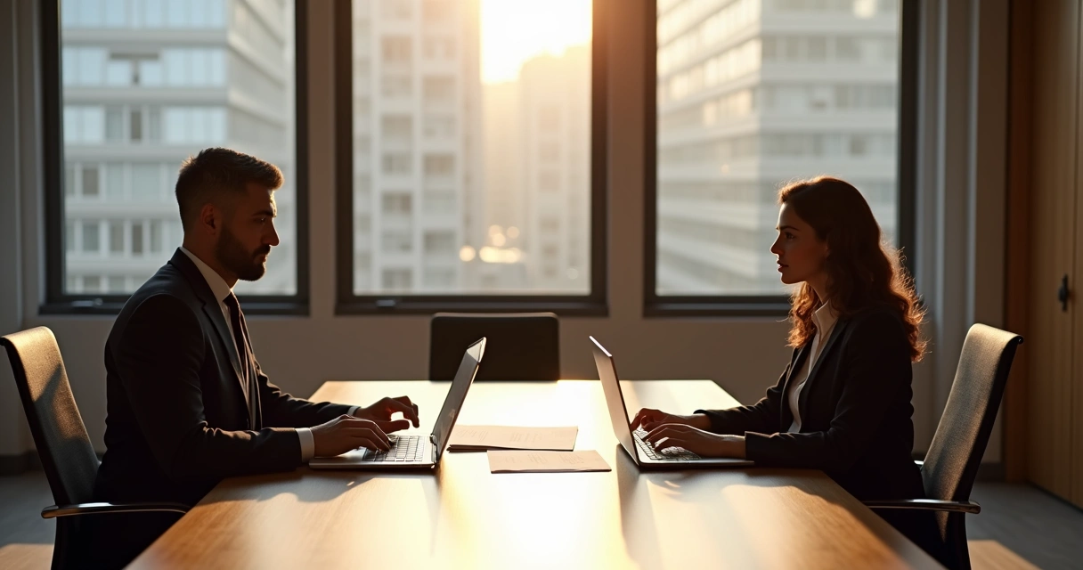 Advogado e promotor conversando em sala de reuniões 