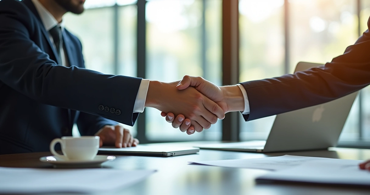 Duas pessoas negociando e apertando as mãos