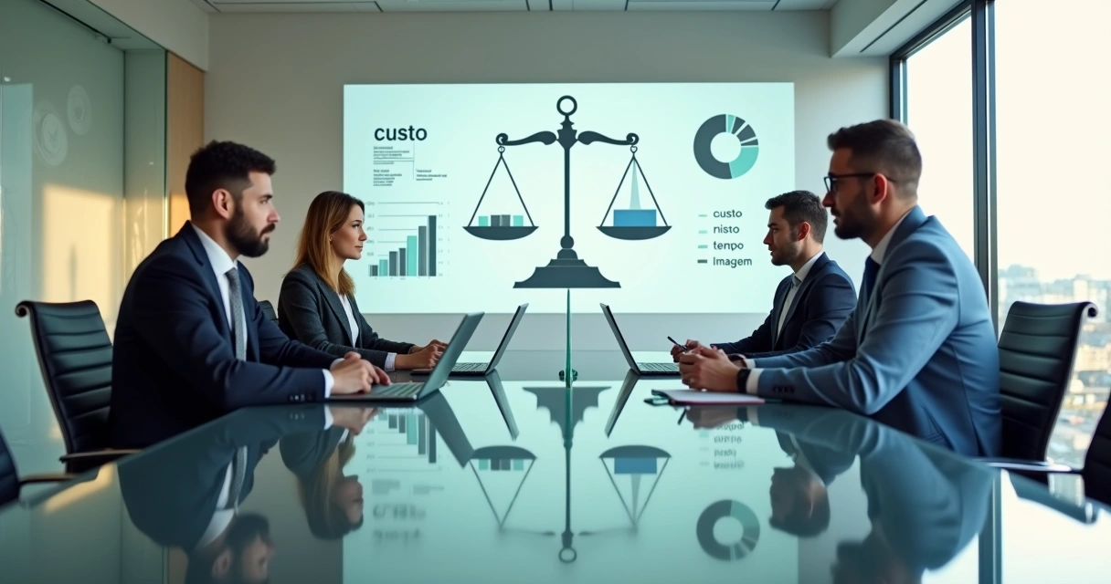 Gestores e ex-funcionário negociando acordo trabalhista em sala moderna 