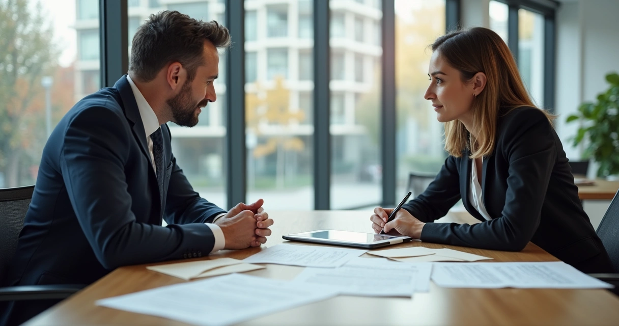 Advogado e devedor negociando contrato em escritório com documentos à mesa 