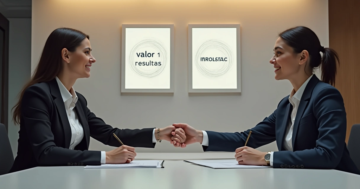 Duas pessoas apertando as mãos em negociação em ambiente de agência digital