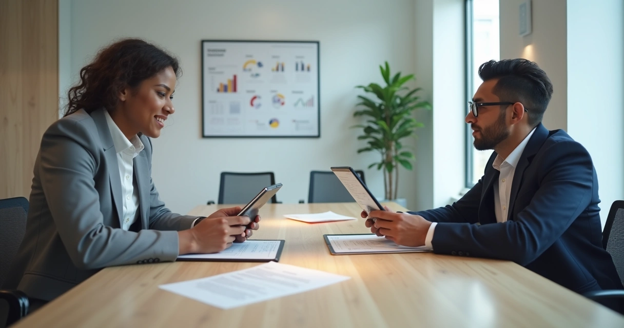 Duas pessoas sentadas frente a frente negociando contrato digital 