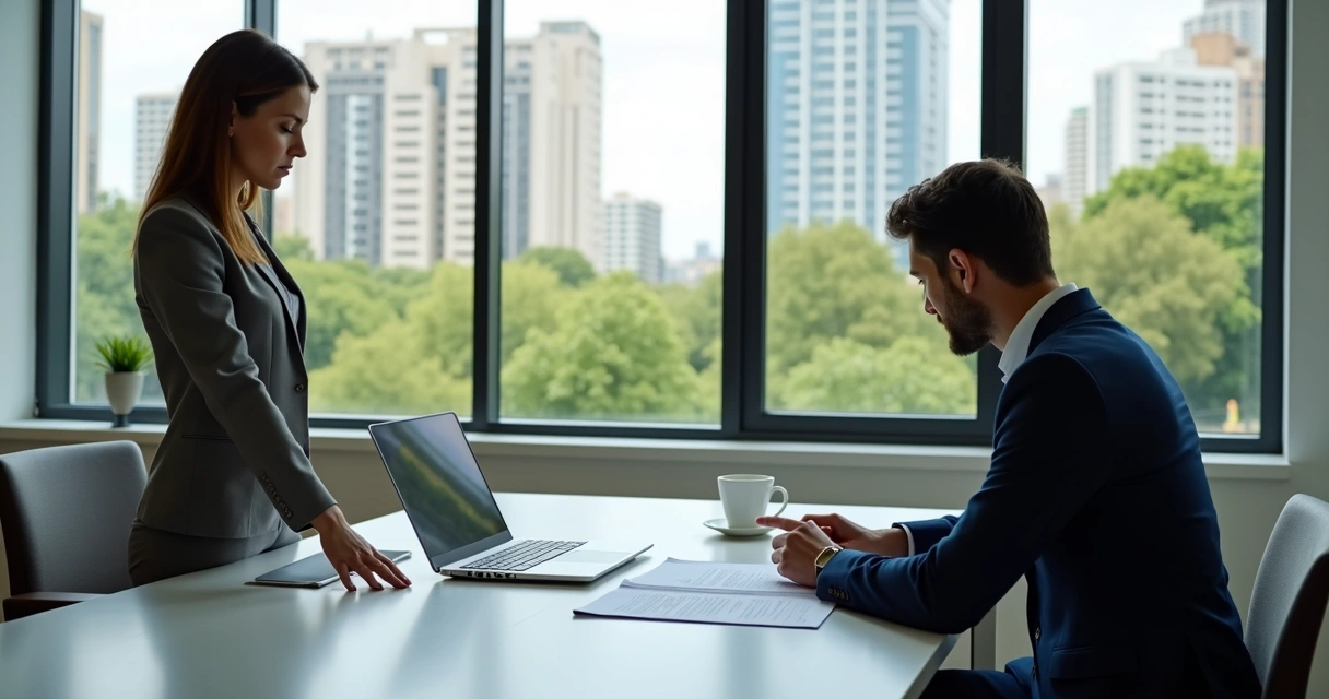 Duas pessoas negociando contrato de aluguel comercial em escritório moderno no centro de Paulínia 