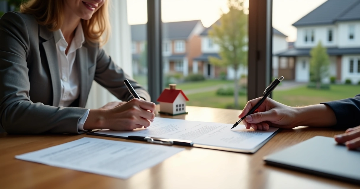 Pessoa assinando contrato de aluguel em mesa com corretor imobiliário e casa ao fundo 