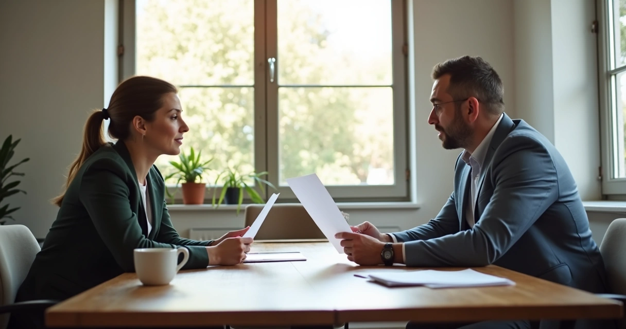 Duas pessoas conversando em um escritório durante negociação amistosa 