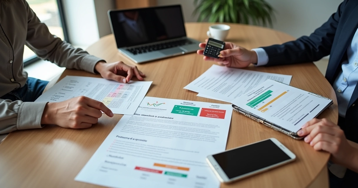 Donos de pequena empresa negociando taxas de antecipação de recebíveis em mesa de reunião 