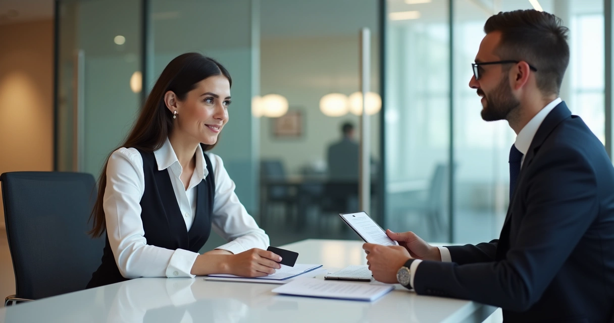 Pessoa negociando anuidade do cartão de crédito com gerente bancário 