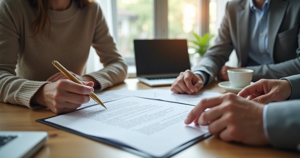 Duas pessoas negociando contrato de aluguel em mesa 