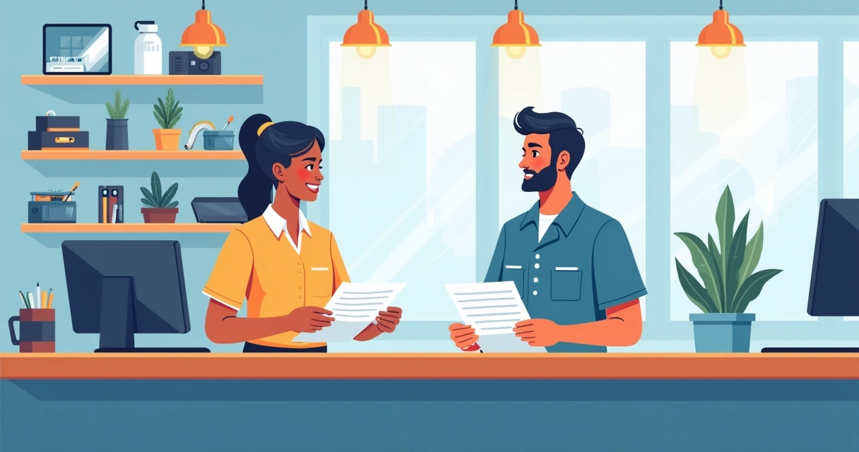 Cliente e técnico negociando preço em loja de assistência técnica.