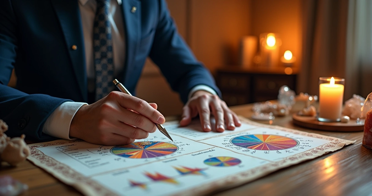 Homem estudando mapa astral e dados financeiros em ambiente místico 