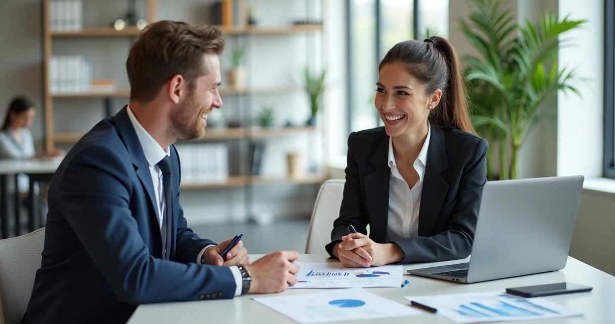 Duas pessoas em reunião de escritório discutindo alinhamento salarial e benefícios, com documentos e laptop na mesa. Ambiente moderno e iluminado, tons neutros e detalhes corporativos. 