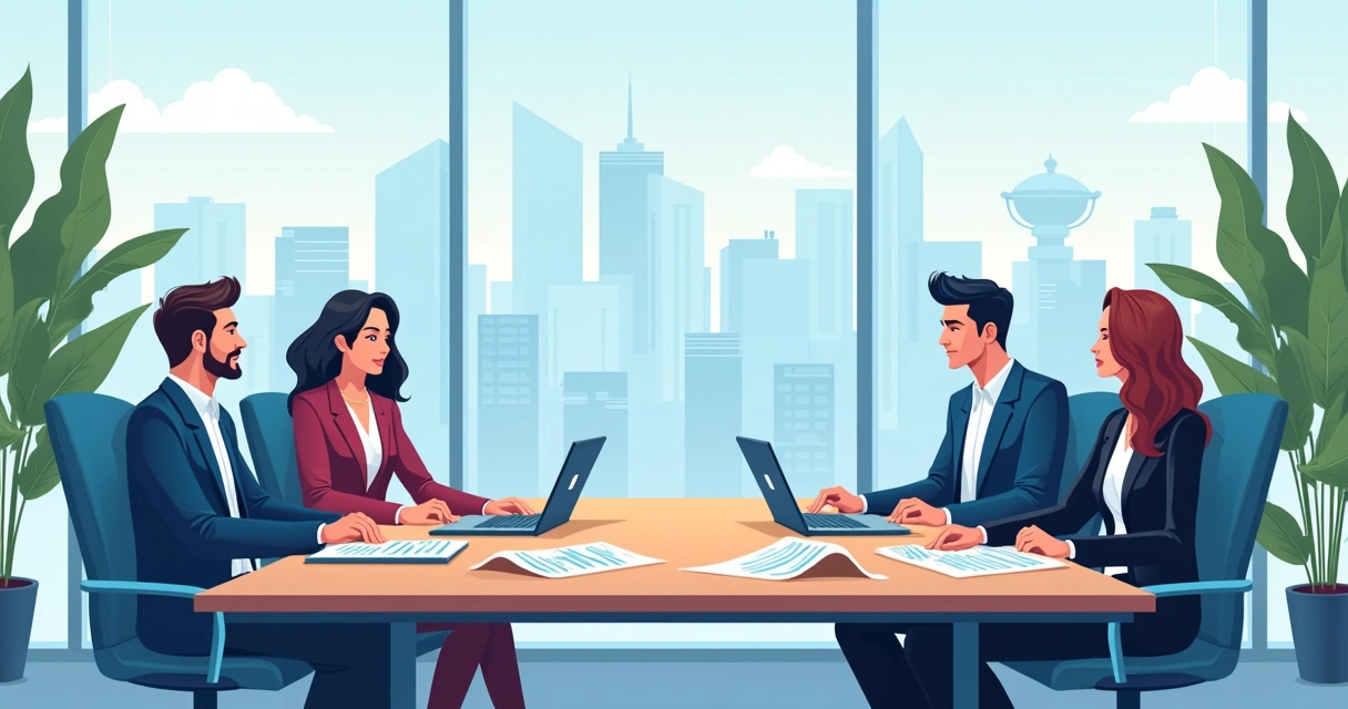 Duas equipes de empresas negociando em mesa de reunião 