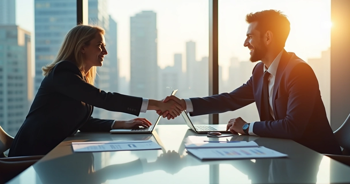 Dois profissionais apertando as mãos em fechamento de negócio B2B. 