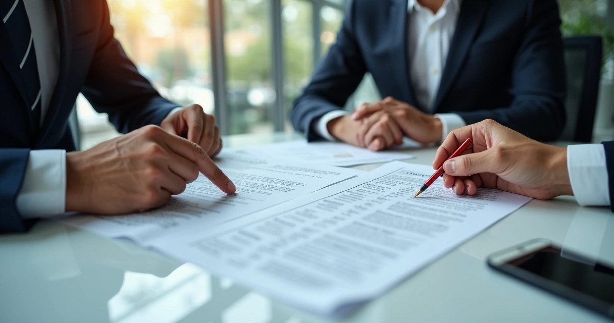 Dois executivos negociando frente a frente com contrato e boletos sobre a mesa 