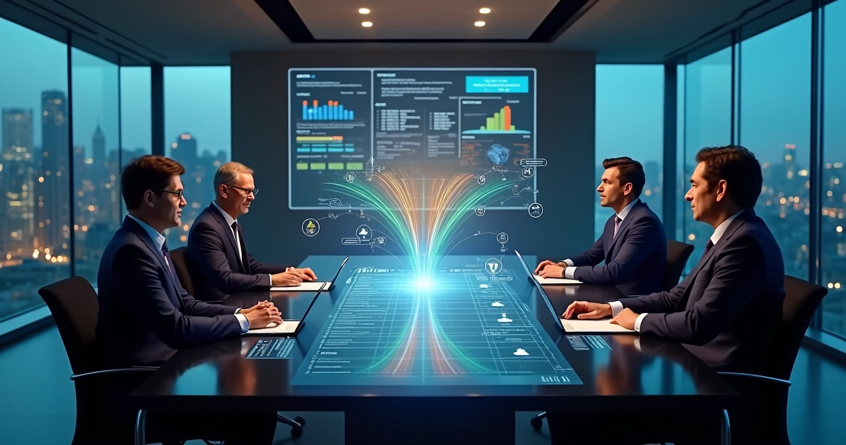 Executivos B2B negociando com padrões de dados de IA projetados na mesa 