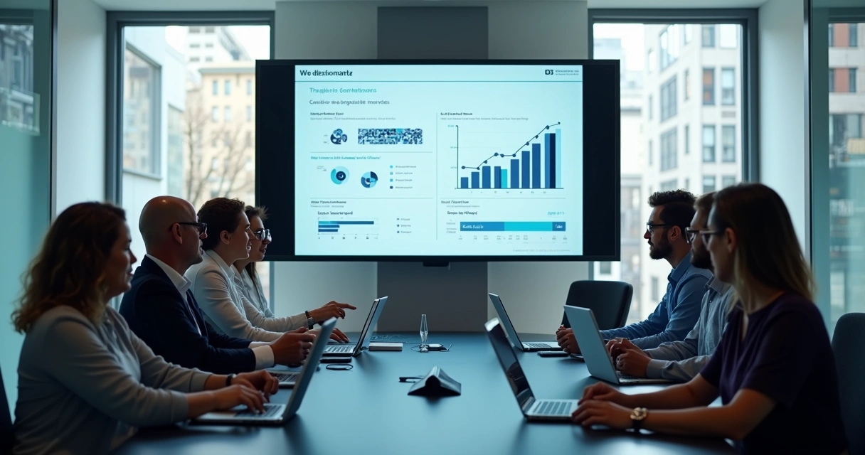 Equipe em reunião analisando proposta digital 