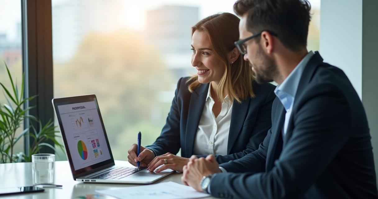 Negociação comercial entre executivos B2B analisando proposta digital 