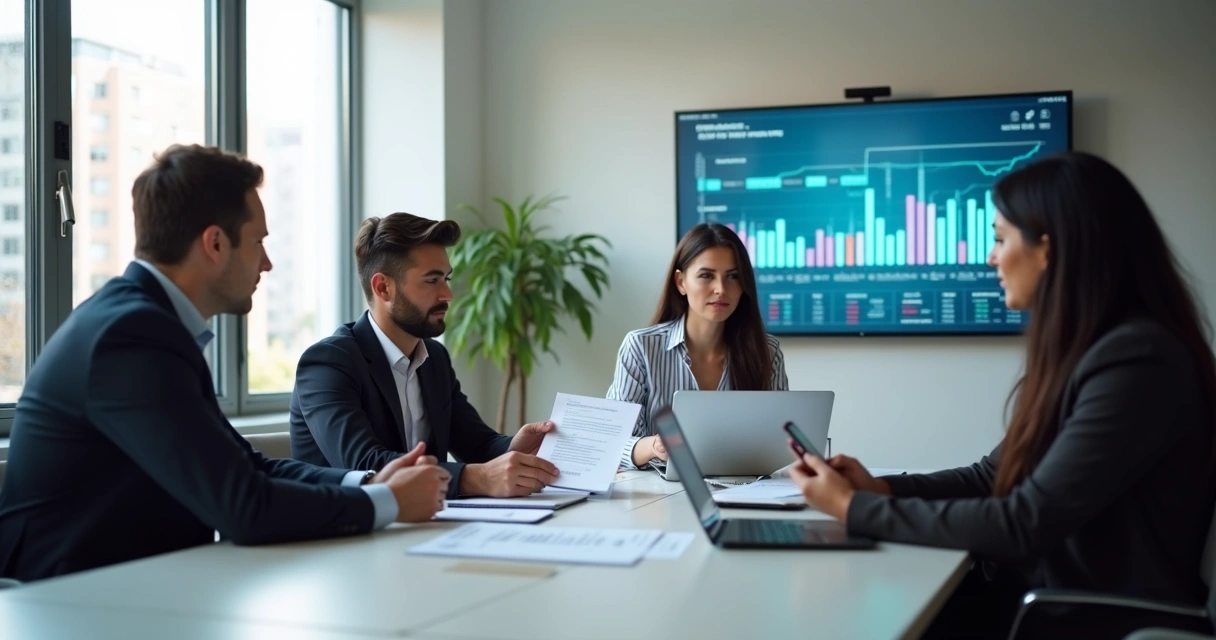 Equipe em reunião presencial avaliando proposta B2B na mesa 