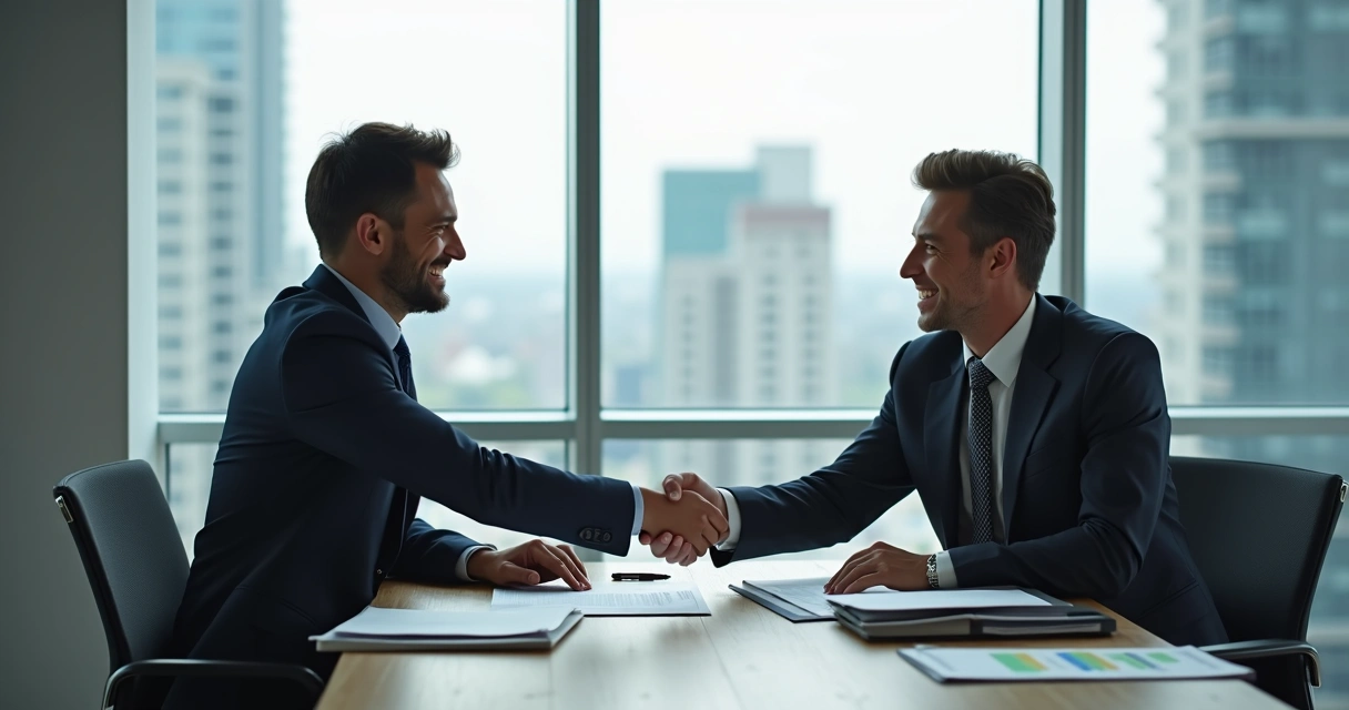 Dois empresários fechando contrato de venda B2B com aperto de mãos 