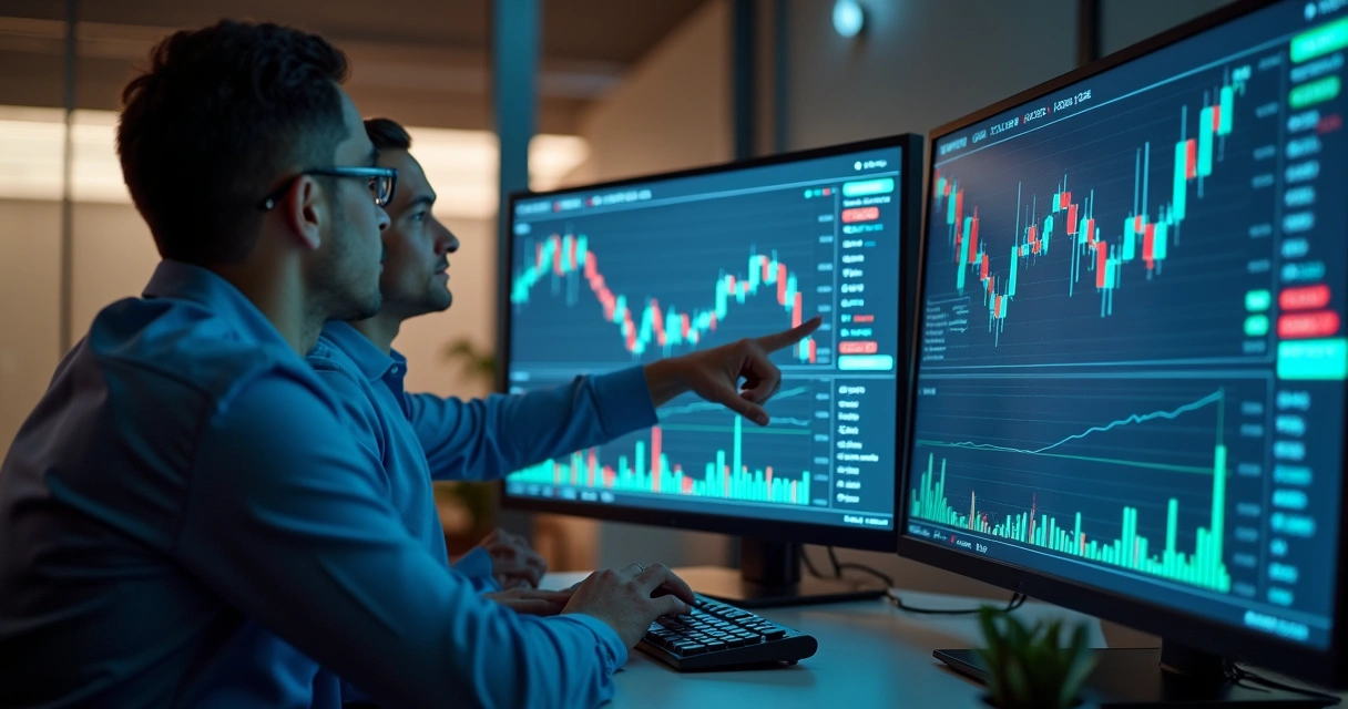 Dois profissionais comparando negociação manual e automatizada em telões 