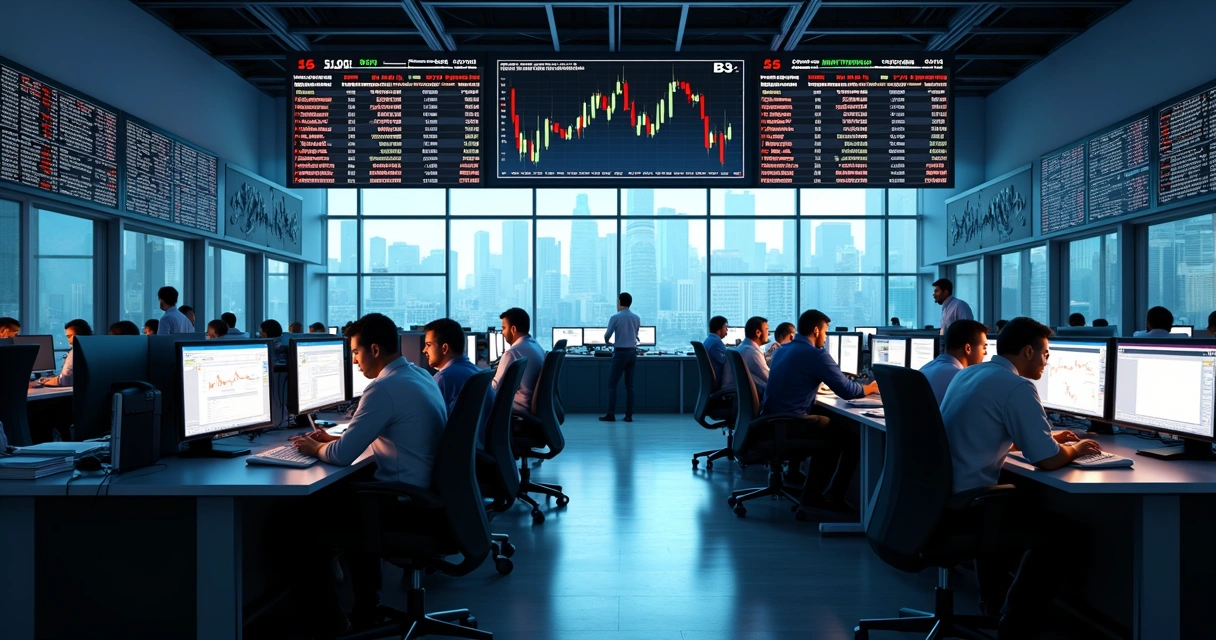 Sala da bolsa de valores com telas mostrando gráficos de ações e pessoas em operação, durante um dia movimentado na B3. 