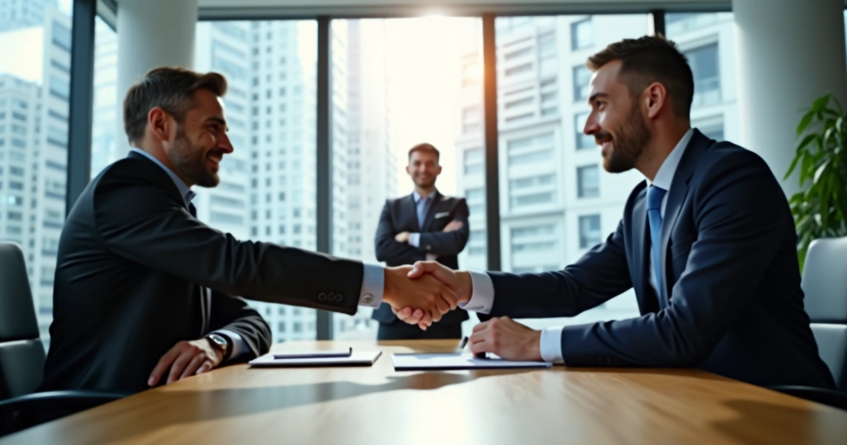 Reunião de negociação em escritório, dois profissionais apertando as mãos, um terceiro apenas observando 