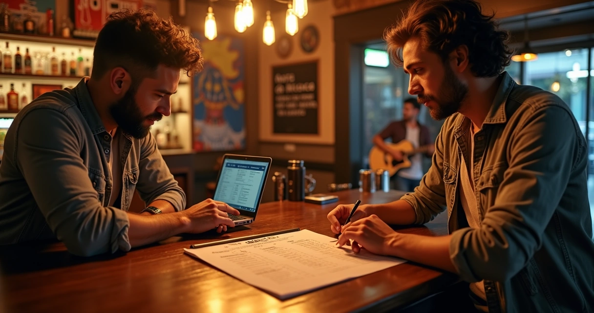 Dono de bar e músico discutindo cachê apontando tabela de custos sobre o balcão 