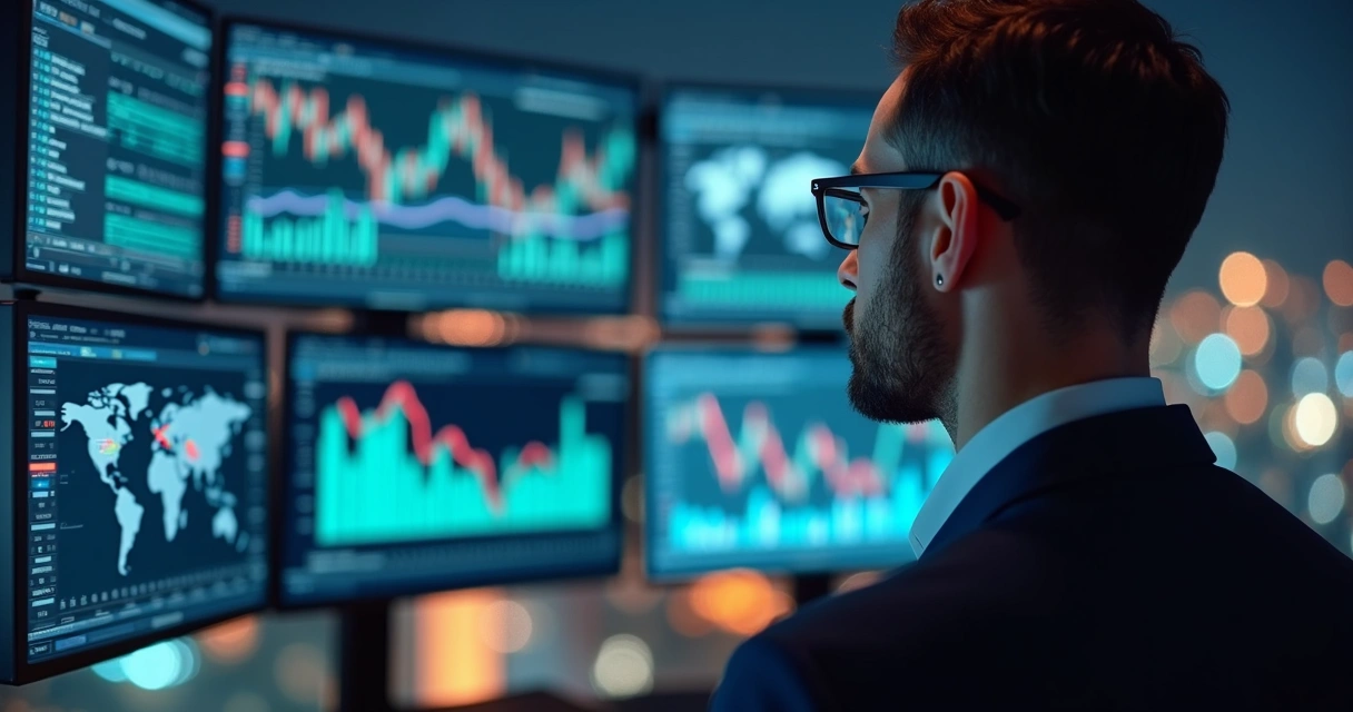 Homem olhando gráficos de moedas estrangeiras em múltiplos monitores 