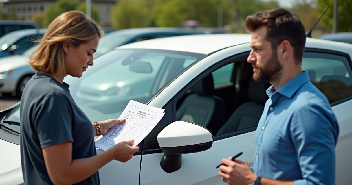 Vendedor mostrando documento e chassi para comprador de carro usado 