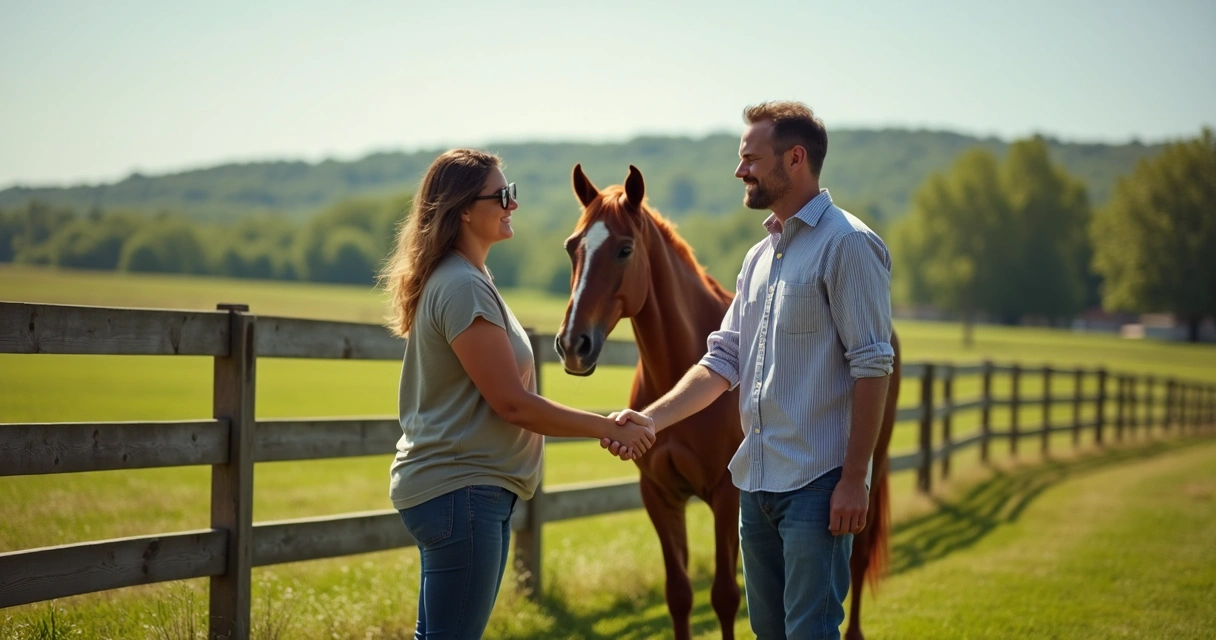 Duas pessoas apertando as mãos ao lado de um cavalo em campo aberto