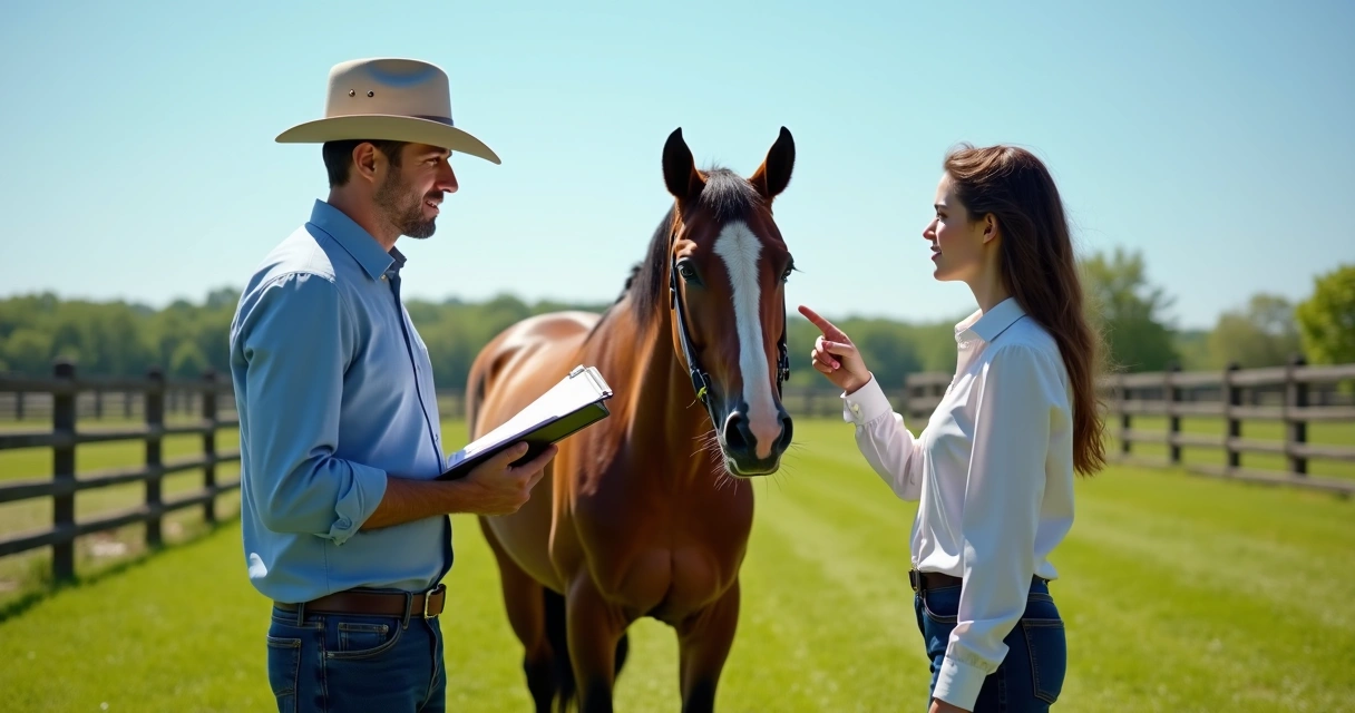 Homem e mulher negociando a compra de um cavalo em um campo aberto, com cavalo castanho ao centro 