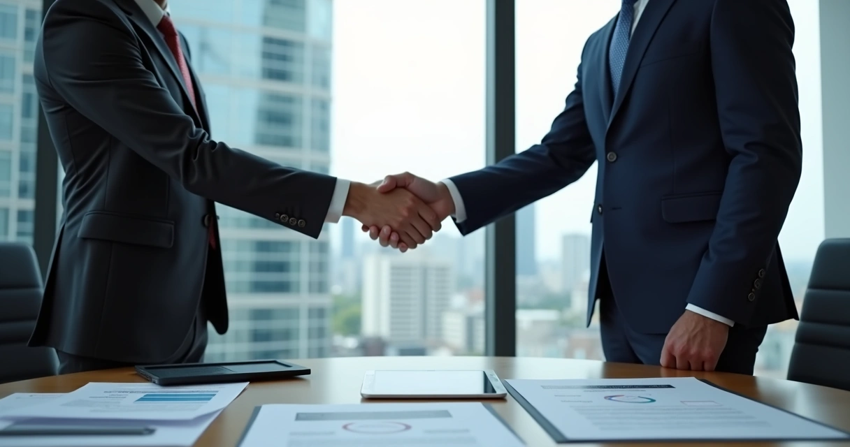 Duas pessoas apertando as mãos em uma mesa de reunião, com documentos de M&A à vista. 