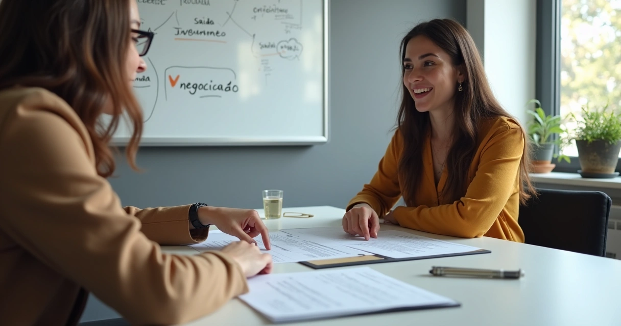 Duas pessoas sentadas de frente em negociação informal, papéis sobre a mesa