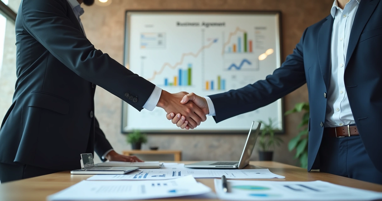 Duas pessoas apertando as mãos na frente de um quadro com gráficos e contratos sobre a mesa
