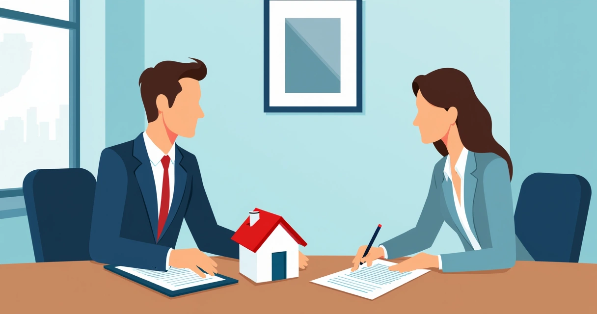 Duas pessoas negociando distrato de imóvel em escritório. 