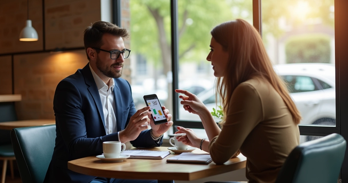 Representante comercial negociando com cliente em cafeteria moderna 