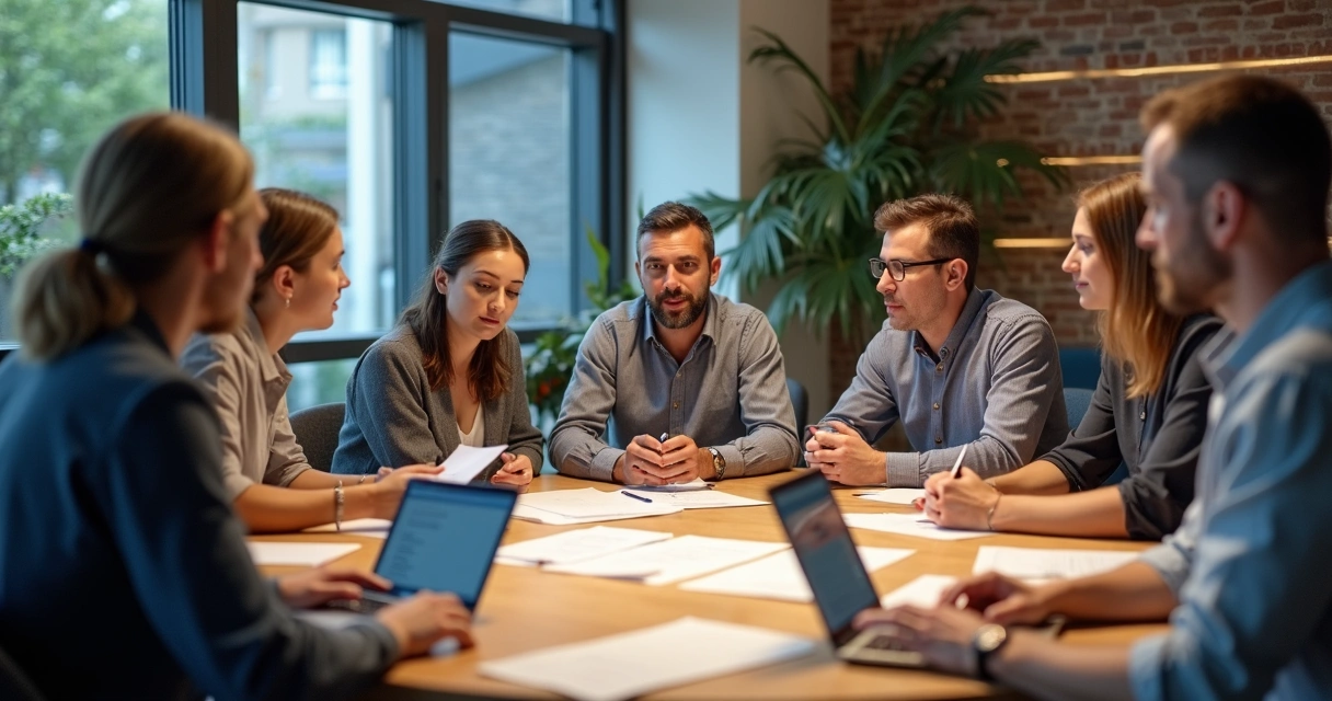 Pequenos empresários negociando juntos de forma colaborativa. 