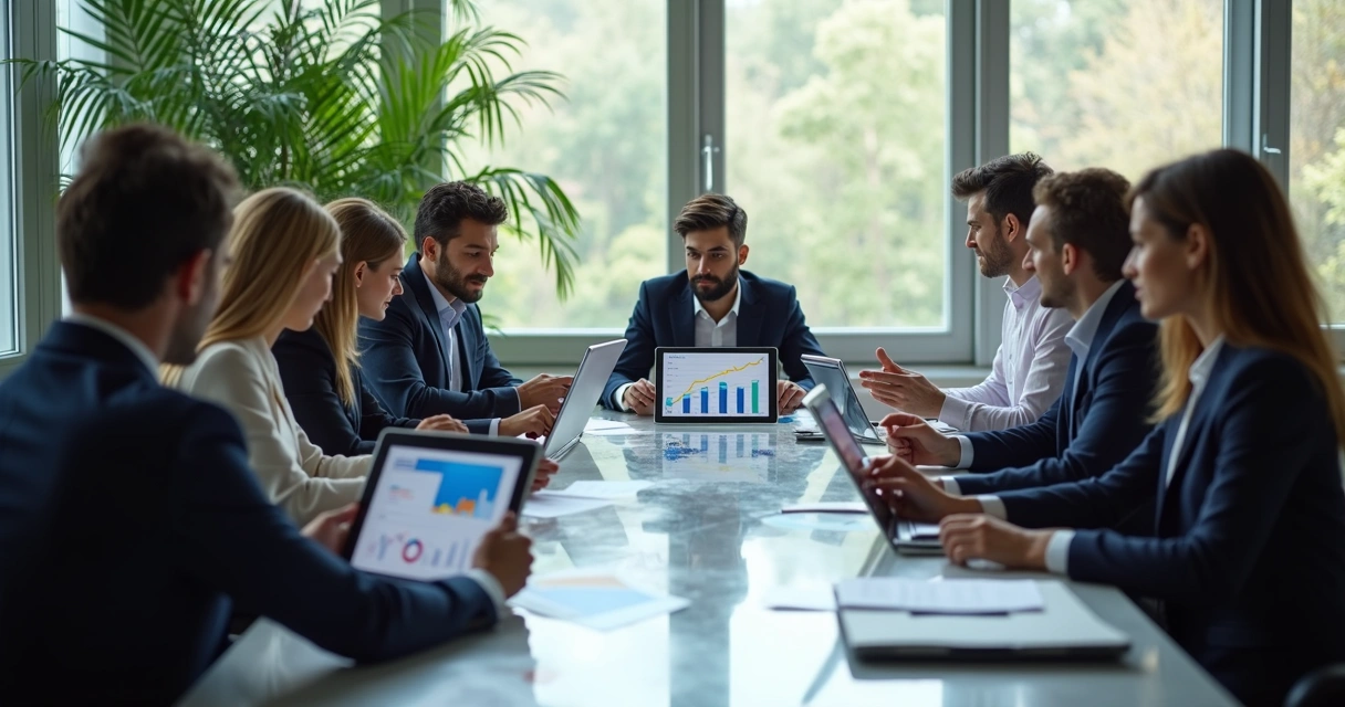 Mesa de reunião corporativa com pessoas analisando gráficos e dados em tablets e laptops 