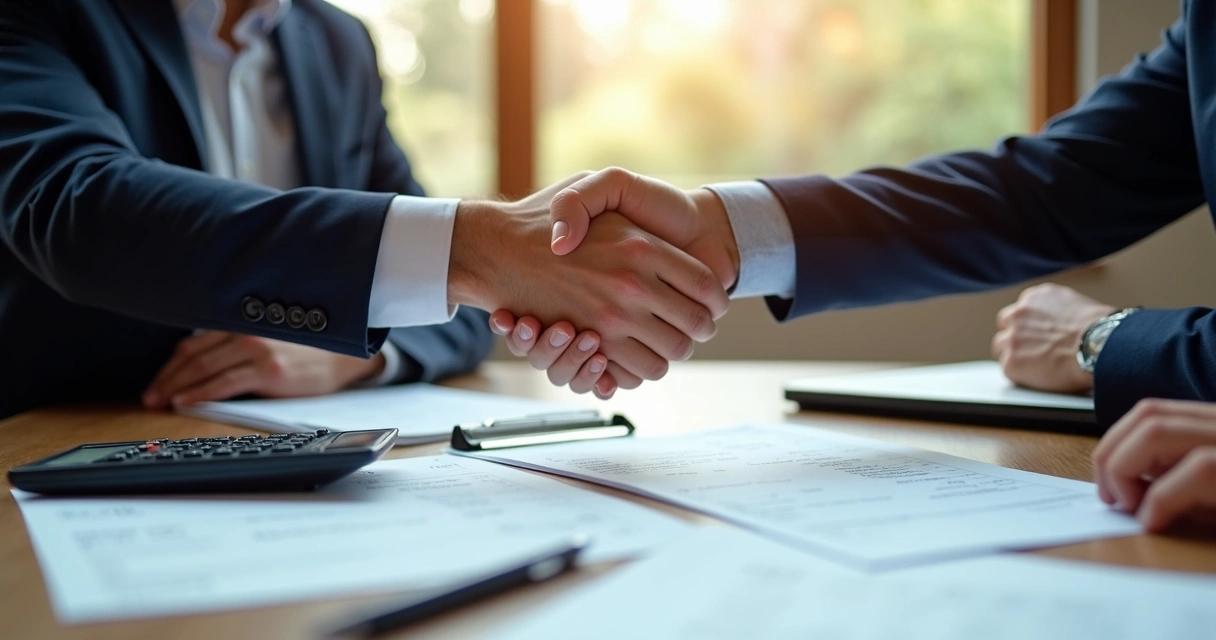 Dois empresários apertando as mãos em uma negociação de prazos 