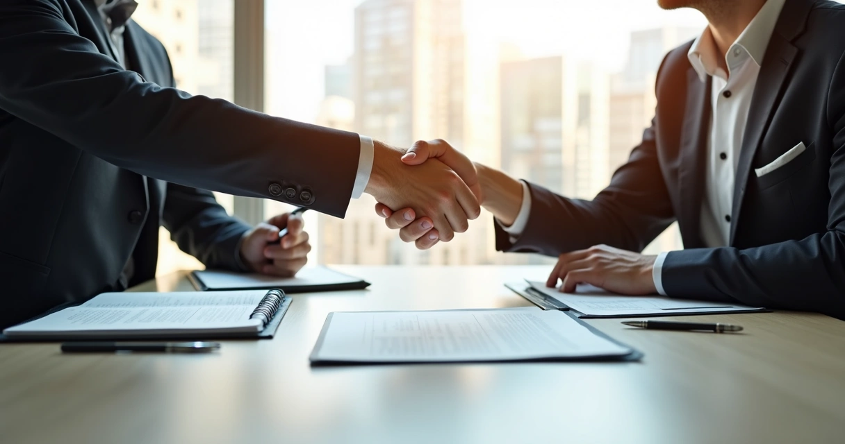 Duas pessoas finalizando negociação com aperto de mão na mesa de reunião 