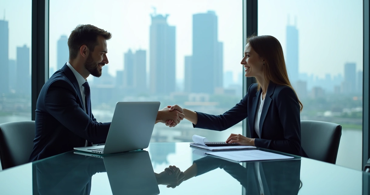 Duas pessoas negociando compra e venda de agência digital