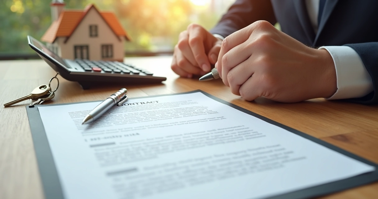 Mesa de negociações imobiliárias com contrato, calculadora e chaves sobre superfície de madeira 