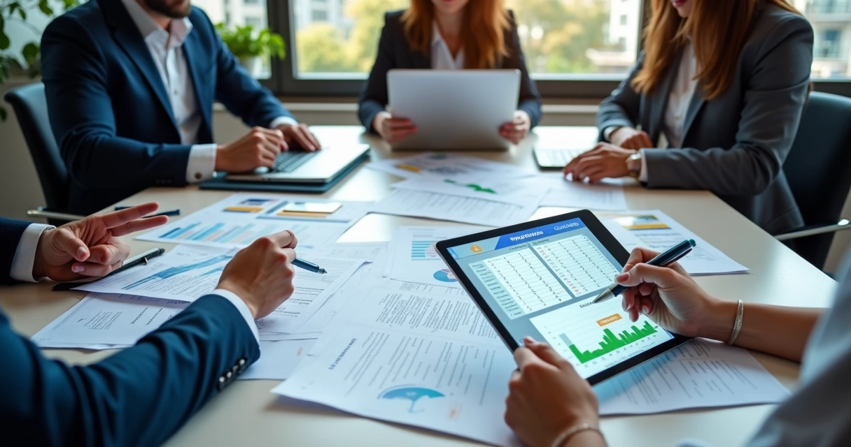 Gestor de franquias em reunião com representantes de diferentes lojas discutindo pedidos