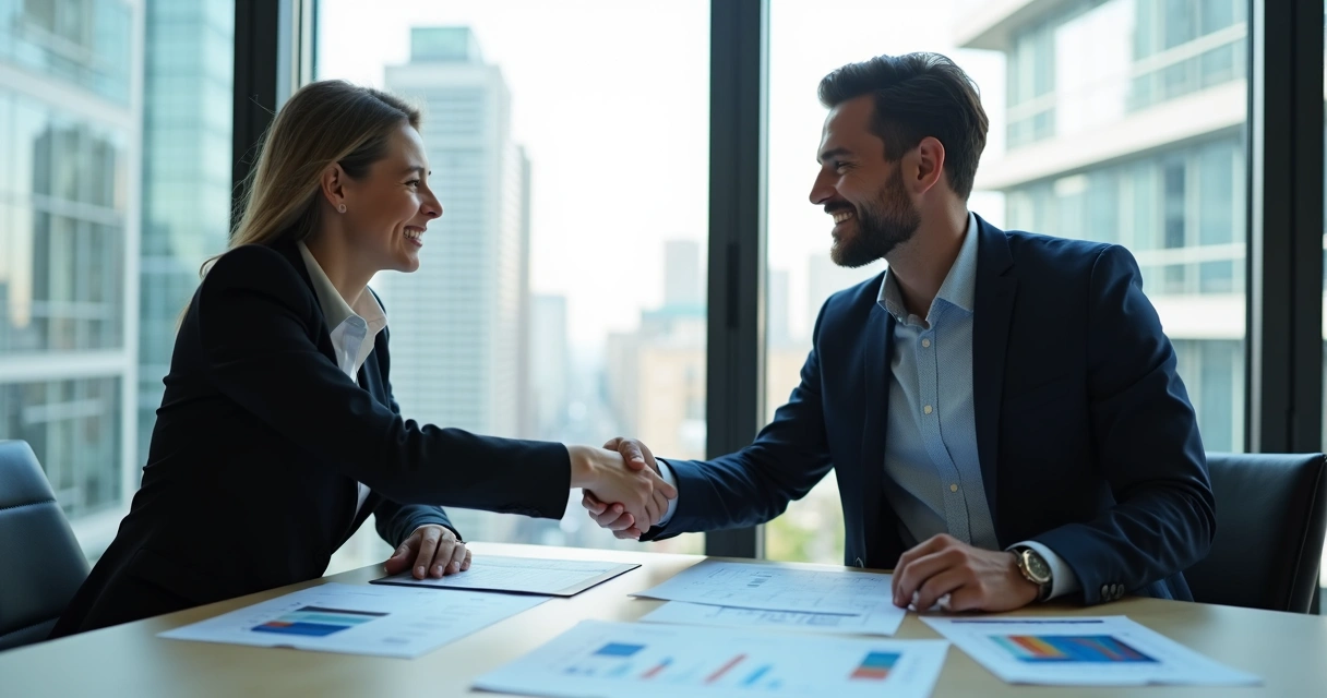 Dois empresários negociando contrato em escritório B2B 