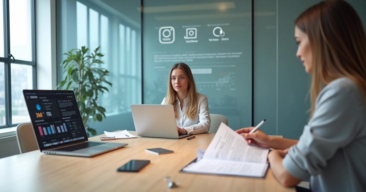 Empreendedora analisa proposta de compra de conta do Instagram em mesa de reunião digital 