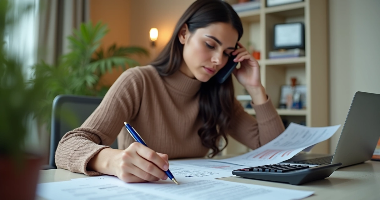 Pessoa negociando contas por telefone com expressão de foco e papéis sobre a mesa. 
