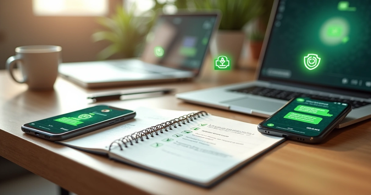 Duas pessoas negociando contas digitais pelo WhatsApp em mesa com checagens de segurança na tela 