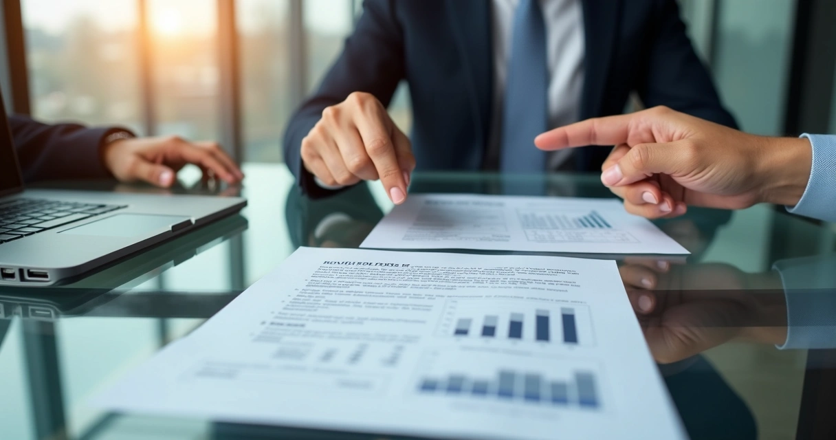 Negociação de reajuste entre locador e inquilino, ambos sentados em mesa de reunião, com papéis e laptop