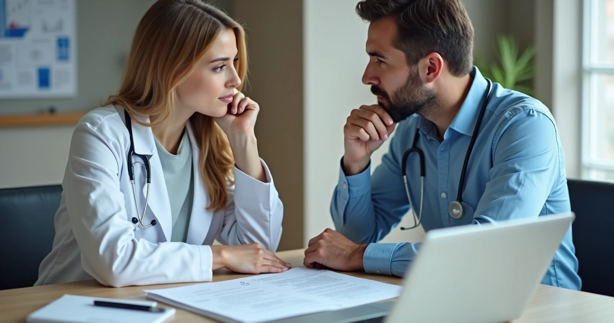 Médico revisando contrato com fornecedor com papéis e laptop na mesa. 